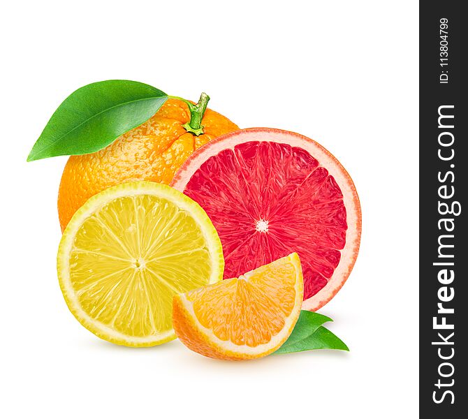 Isolated citrus fruits. Pieces of lemon, pink grapefruit and orange isolated on white background