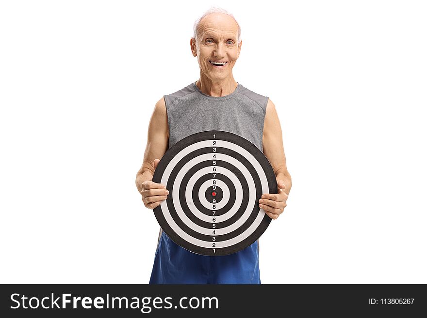 Senior in sportswear holding a target isolated on white background