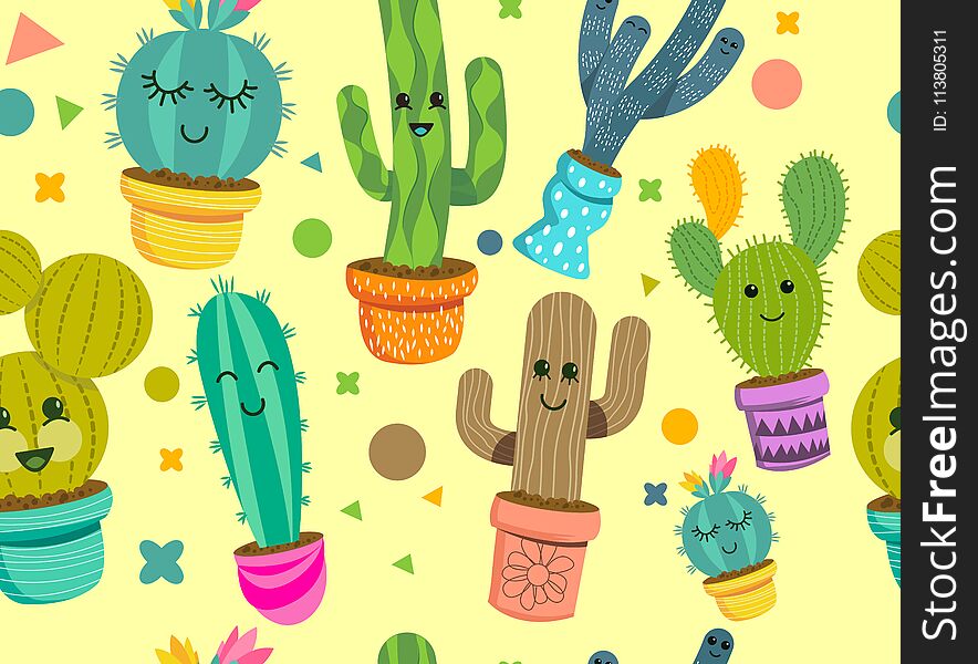 Cheerful Cactus Plants Seamless Pattern