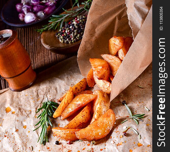 A rosemary Potato wedges from the oven