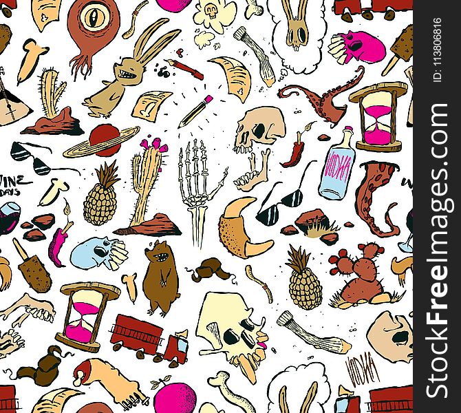 Seamless pattern of random doodles laid out on white background. Includes animals, skulls and bones, plants and other random objects. Seamless pattern of random doodles laid out on white background. Includes animals, skulls and bones, plants and other random objects