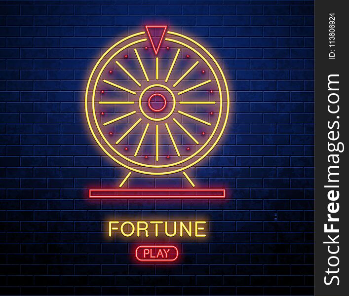 Fortune neon button play isolated on brick wall