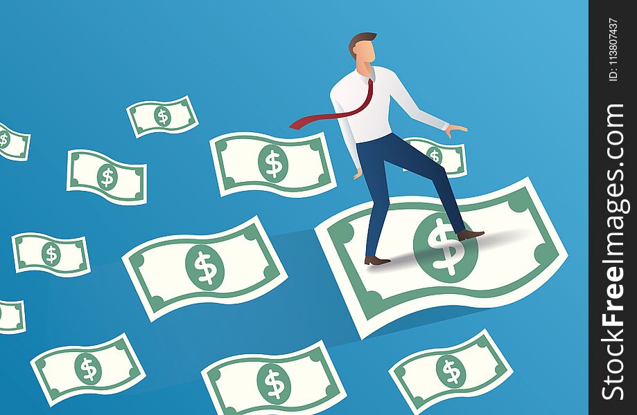 Businessman fly on money bills vector illustration