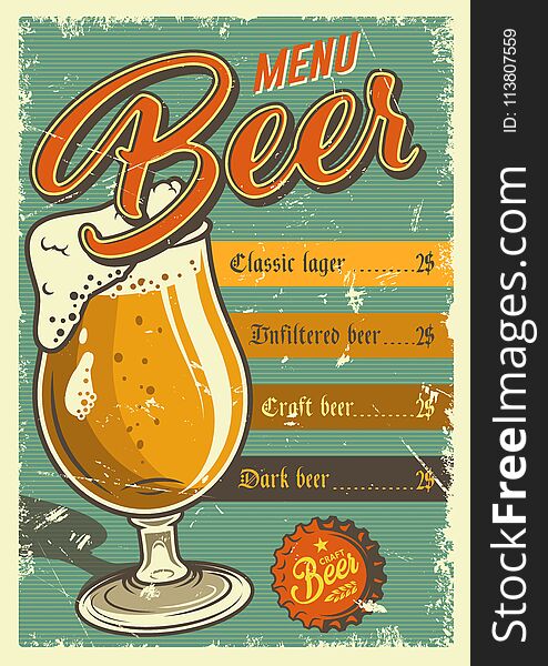 Beer grunge poster with glass of beer and creative typography. Colorful vector illustration menu template. Beer grunge poster with glass of beer and creative typography. Colorful vector illustration menu template.