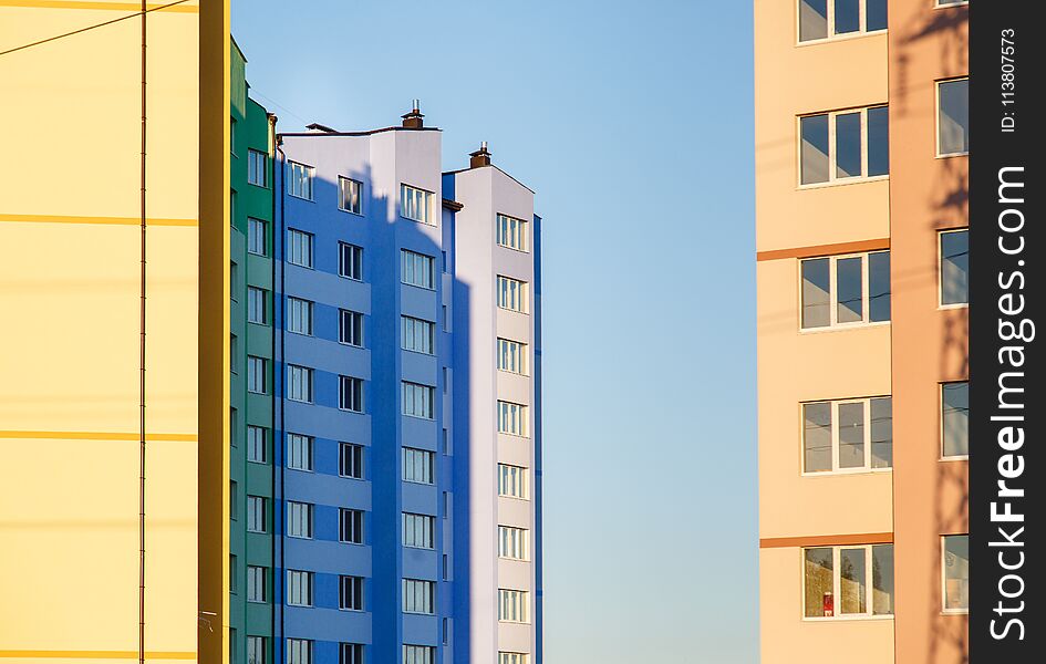 Details of new constructed colorful multi-story building.