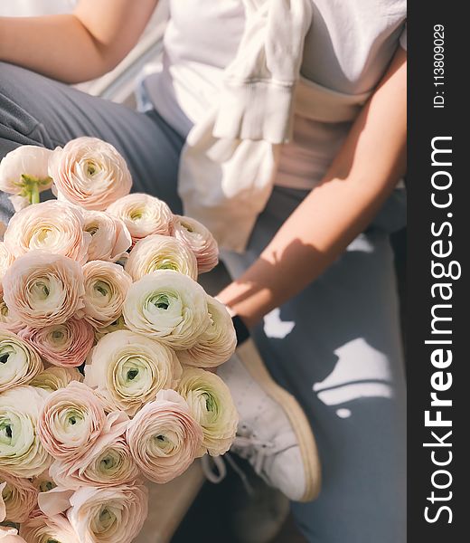Person Holding Bouquet Of Pink And Green Flowers
