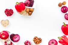 Diet For Healthy Heart. Food With Antioxidants. Vegetables, Fruits, Nuts In Heart Shaped Bowl On White Background Top Royalty Free Stock Images
