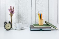Education Workspace Background Concepts With White Wooden Vintage Wall. Back To School Concepts Stock Photo