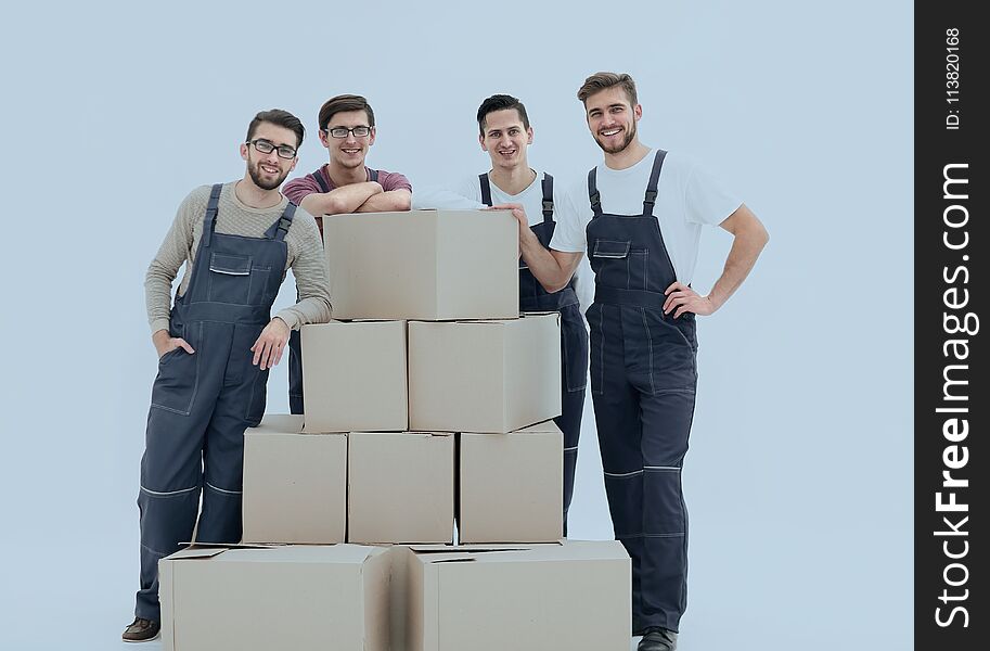 Workers deliver boxes, , white background