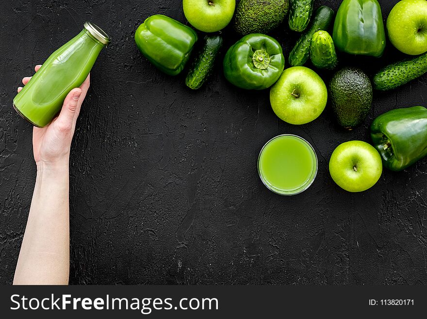 Cucumber, pepper, apple, celeriac. Vegetables for greeny organic smoothy for sport diet on dark table background top view mockup