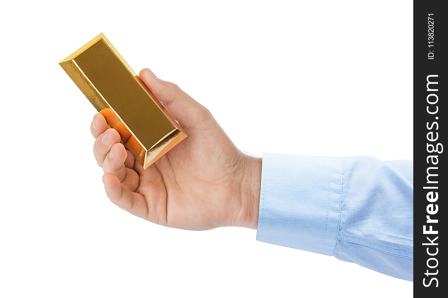 Hand with gold bar isolated on white background