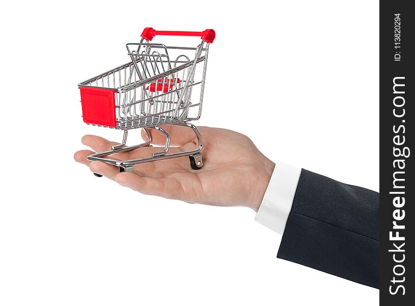 Hand with shopping cart isolated on white background