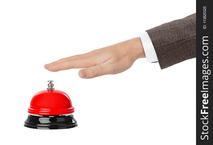 Hand and service ring bell isolated on white background