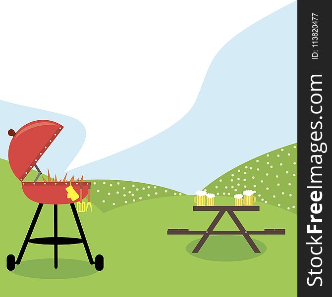 BBQ Grill Party. The image of a grill against a lawn and a table for picnic. BBQ Grill Party. The image of a grill against a lawn and a table for picnic.