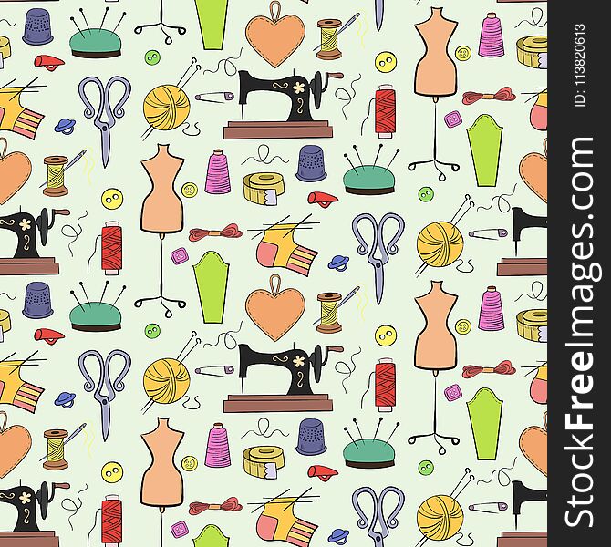 Seamless Pattern Of Knitting, Sewing And Needlework Icons.