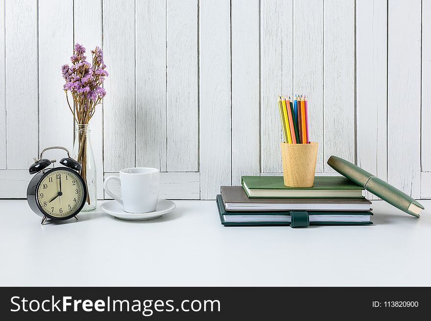 Education Workspace Background Concepts With White Wooden Vintage Wall. Back To School Concepts