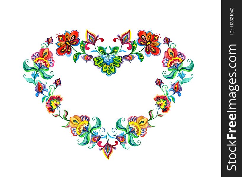 Heart With Eastern European Decorative Ethnic Flowers. Watercolor Ornament Of Easter Europe