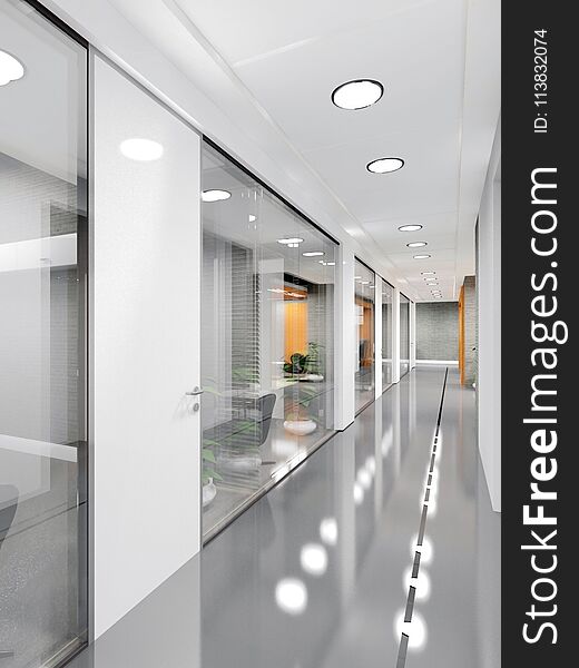 Corridor of modern office building 3D visualization