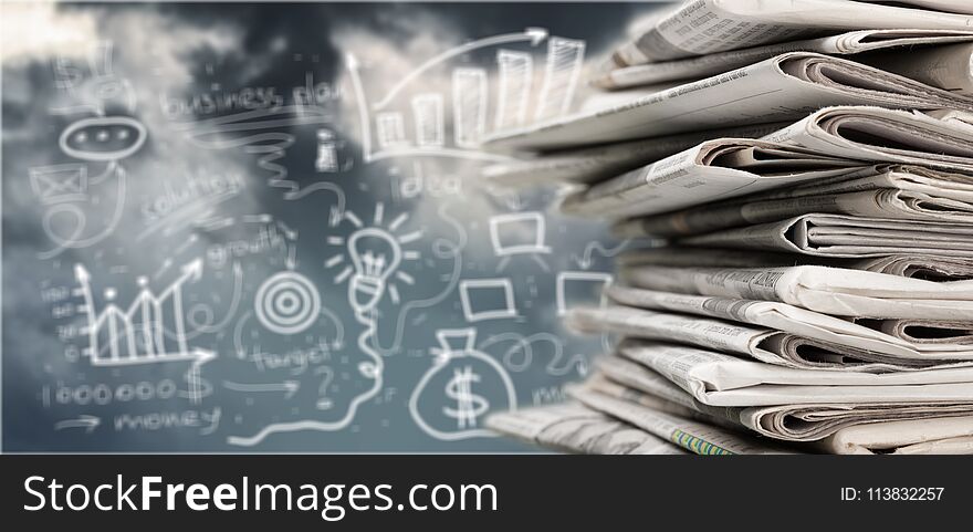 Pile of printed newspapers on background