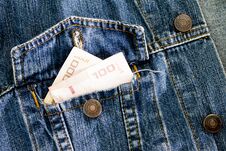 Money In Jean Pocket For Business Shopping And Other. Stock Photo