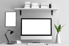 Modern Workspace, Computer Screen And Frame Mock Up. 3D Royalty Free Stock Images