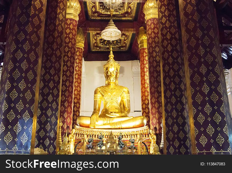 Principle Buddha image in a temple of Wat Na Phra Meru in Ayutthaya, Thailand.