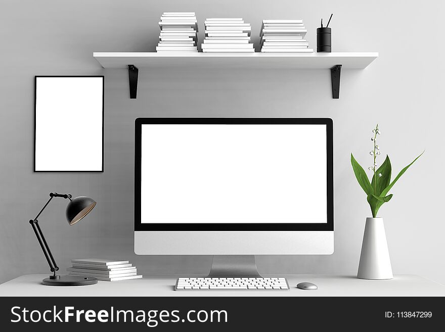 Modern workspace, computer screen and frame mock up. 3D