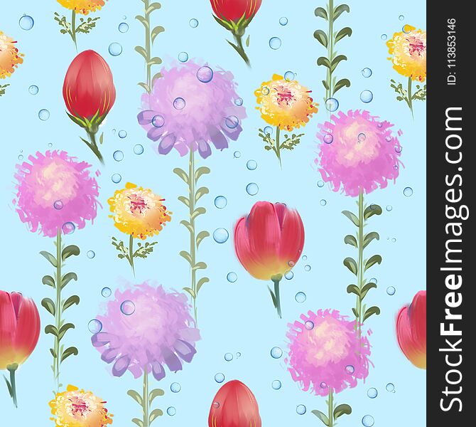 Floral pattern of picturesque asters and tulips and water drops