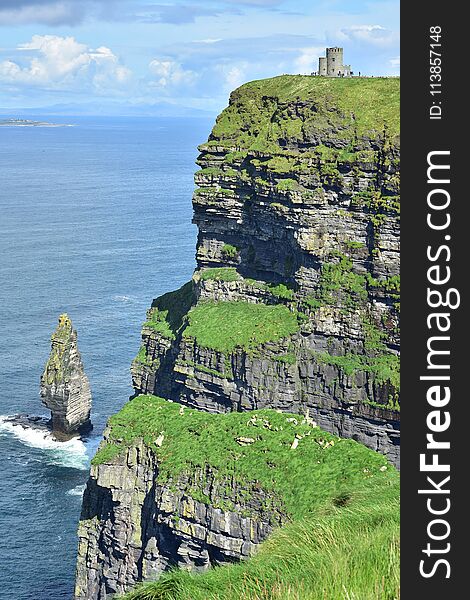 Oâ€™Brienâ€™s Tower marking the highest point of the Cliffs of Moher in Ireland. Oâ€™Brienâ€™s Tower marking the highest point of the Cliffs of Moher in Ireland.