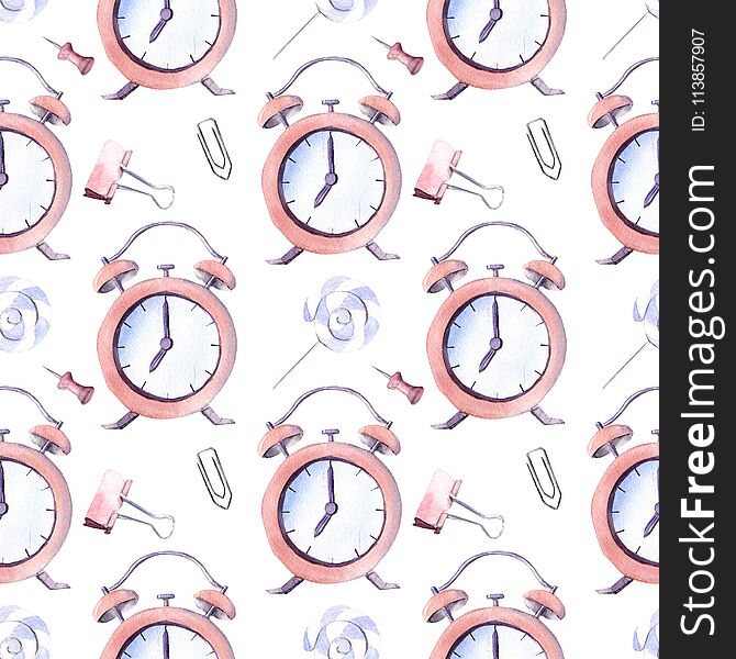 Hand drawn watercolor illustration seamless pattern painted alarm clock back to school lollipop candy paper clip stationery white background