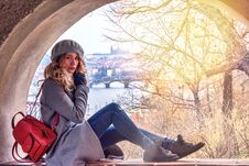 Woman In Prague, Czeh Republic. Beautiful Blonde Lady. Castle And Charles Bridge Background View Royalty Free Stock Images