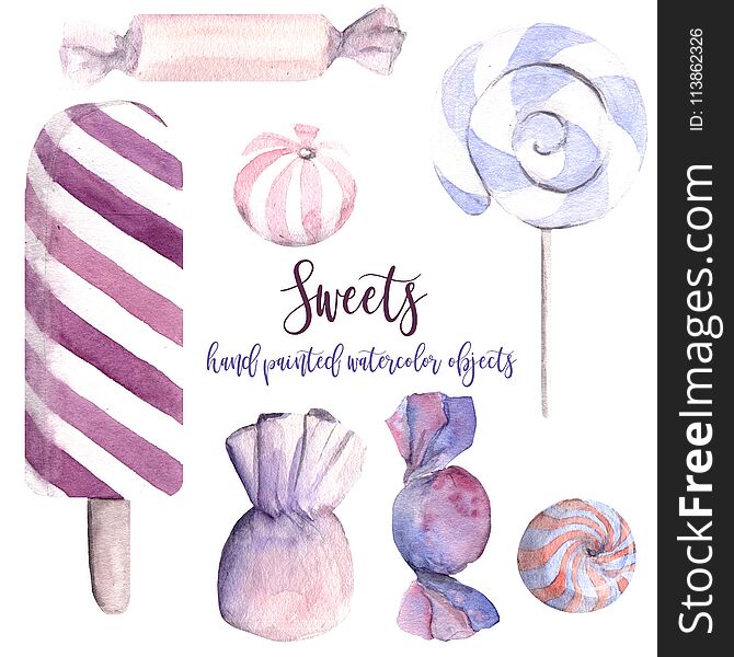 Hand drawn watercolor illustration sweets candies lollipop ice cream popsicle bonbons chocolate striped pastel colors hand painted