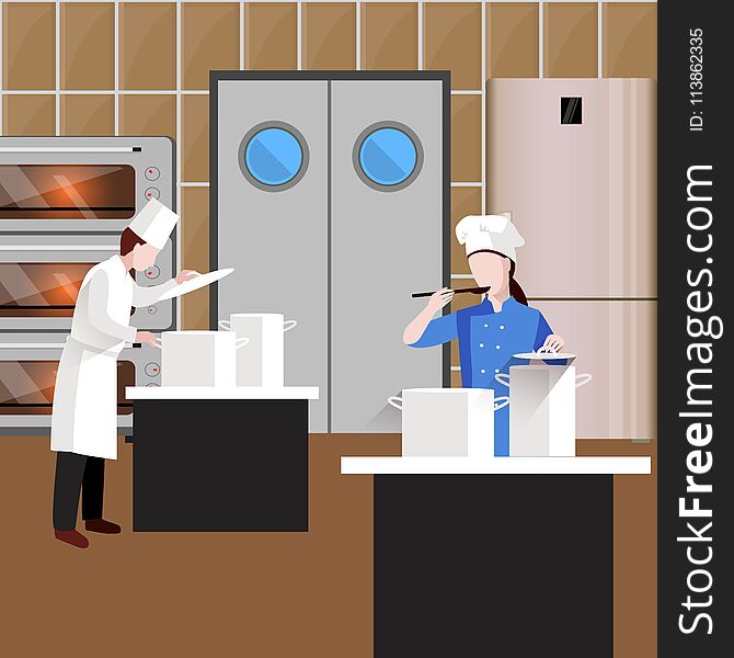 Cooking people colored concept with restaurant workers cook soup in the kitchen vector illustration