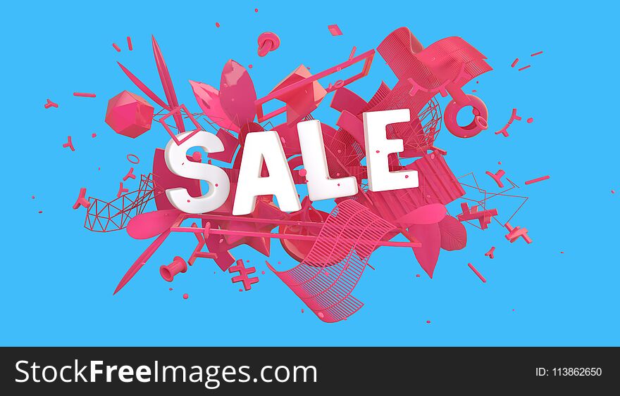 Colorful advertising card or web-banner with word Sale as a part of trendy composition, high resolution 3D render. Colorful advertising card or web-banner with word Sale as a part of trendy composition, high resolution 3D render
