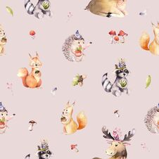Watercolor Seamless Pattern Of Cute Baby Cartoon Hedgehog, Squirrel And Moose Animal For Nursary, Woodland Forest Royalty Free Stock Photo