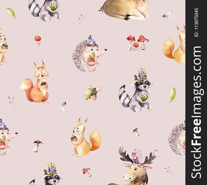 Watercolor seamless pattern of cute baby cartoon hedgehog, squirrel and moose animal for nursary, woodland forest