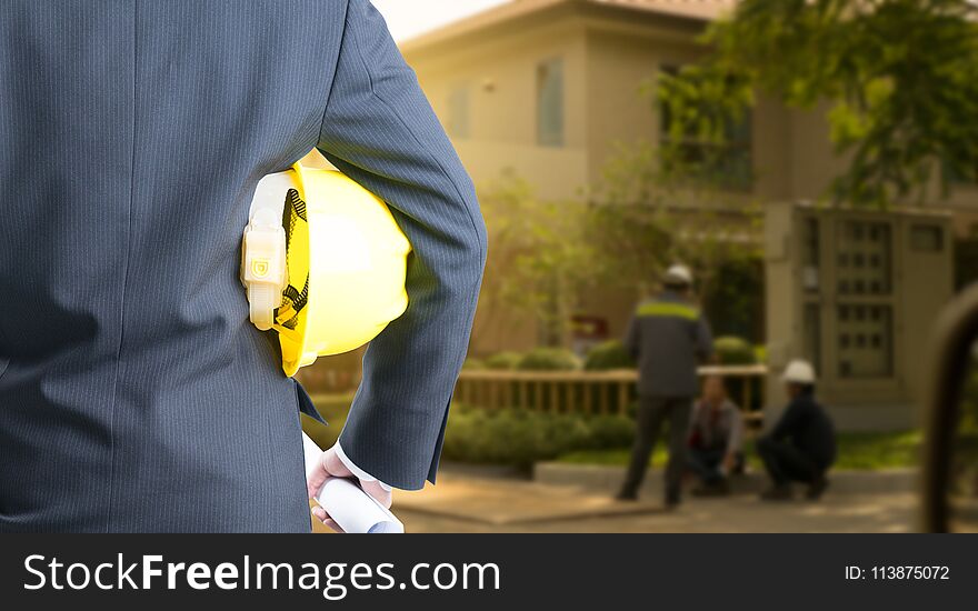 Double exposure Engineer with safety helmet on construction site workers