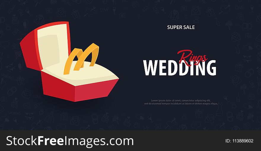 Wedding Rings. Flat Wedding agency banner with hand draw doodle on a background. Vector illustration.