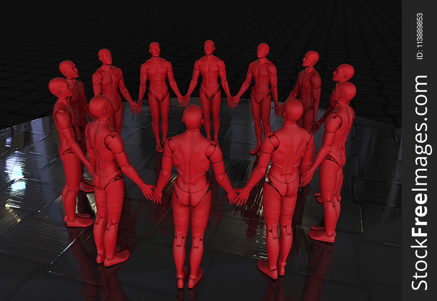 3D render illustration of multiple red androids holding hands. The composition is isolated on a dark reflective background. 3D render illustration of multiple red androids holding hands. The composition is isolated on a dark reflective background.