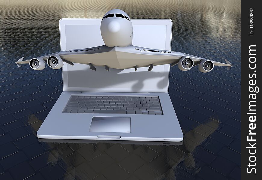 3D render illustration of the concept of registering for a plane flight using a laptop. The composition is isolated on a carbon fiber background. 3D render illustration of the concept of registering for a plane flight using a laptop. The composition is isolated on a carbon fiber background.