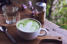 Green Tea Hot Drink Latte White Cup On Wood Table Aroma Relax Ti Stock Photo