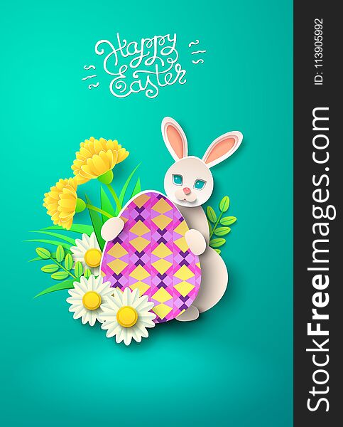 Papercut Happy Easter card With Rabbit, eggs And Flover. Vector illustration. Papercut Happy Easter card With Rabbit, eggs And Flover. Vector illustration