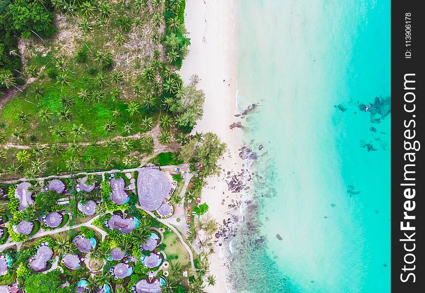 Aerial view of beautiful beach and sea with coconut palm tree