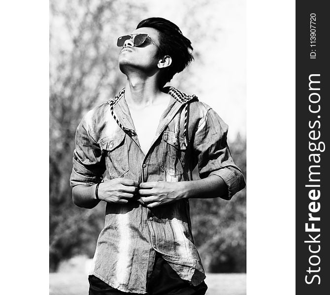 Grayscale Photography of Man Wearing Sunglasses and Dress Shirt