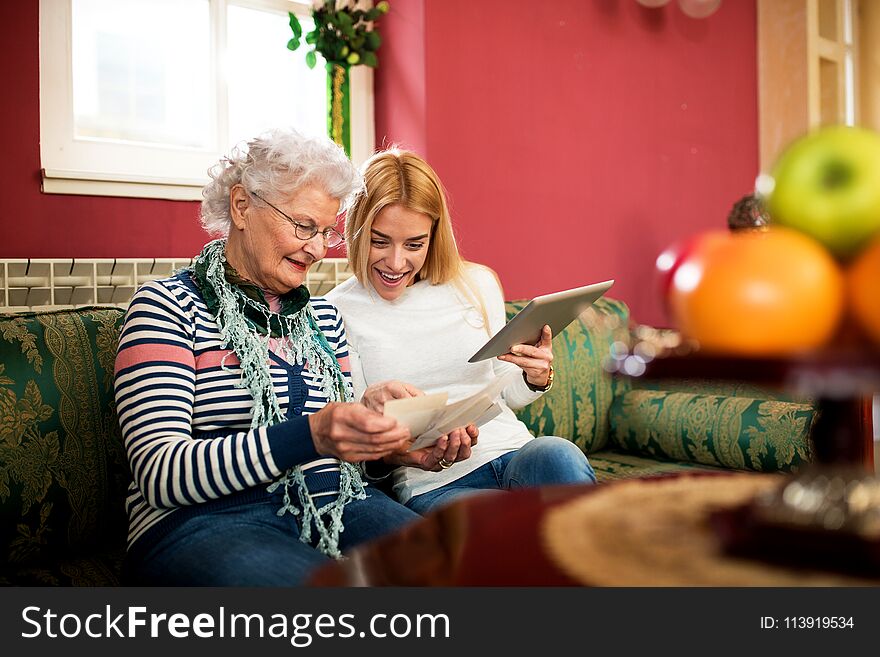 Quality time spent with grandmother, two generation compare old and new photos