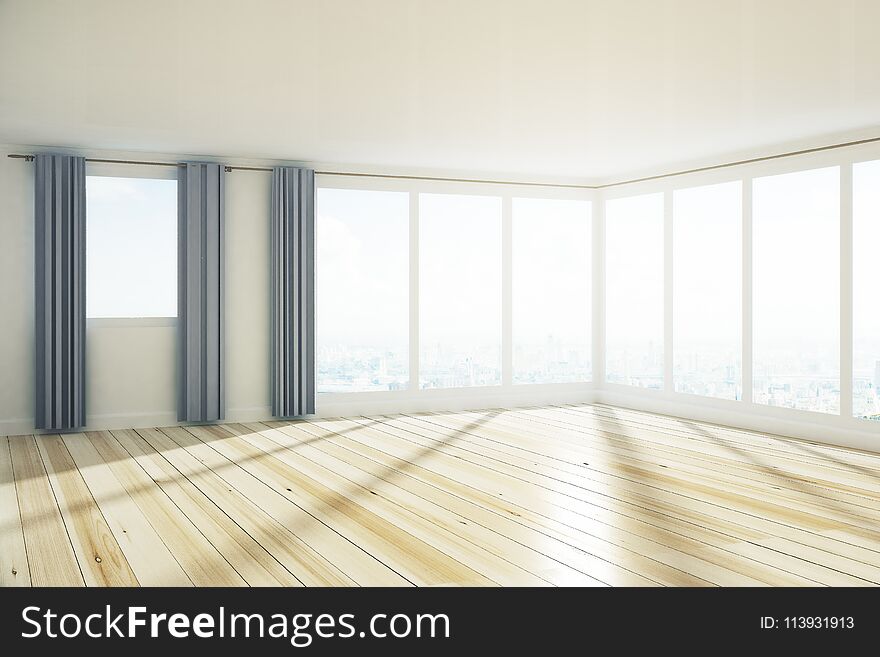 Minimalistic spacious empty unfurnished office interior with city view, curtains and sunlight. 3D Rendering. Minimalistic spacious empty unfurnished office interior with city view, curtains and sunlight. 3D Rendering