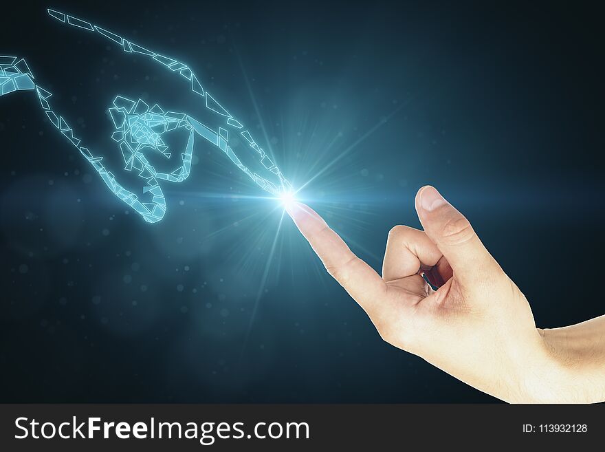 Creative glowing polygonal hand backdrop. Future and innovation background