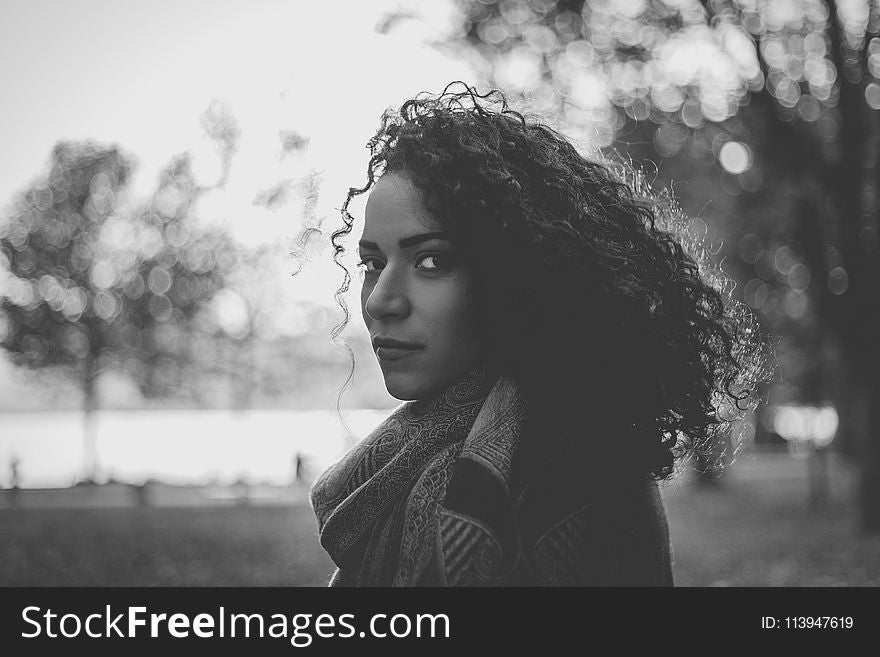 Woman Wearing Scarf Grayscale Photo