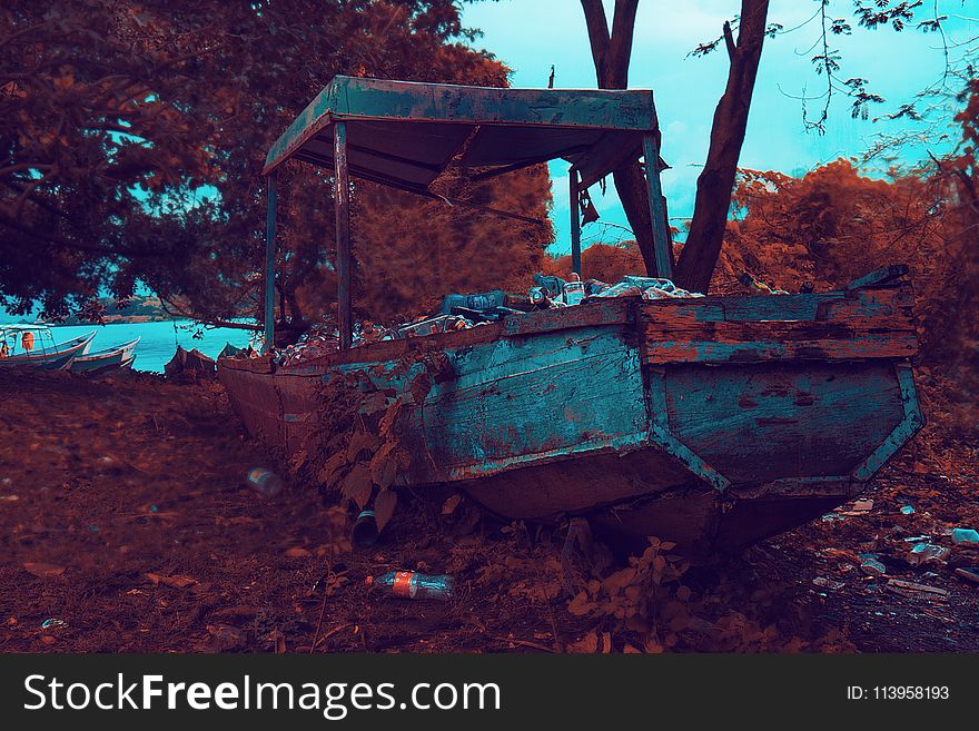 Rusty Brown and Gray Boat Near Trees and Body of Water