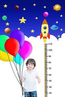 Closeup Happy Asian Kid Hold Colorful Balloon With Measure Height And Cute Cartoon Background Royalty Free Stock Images